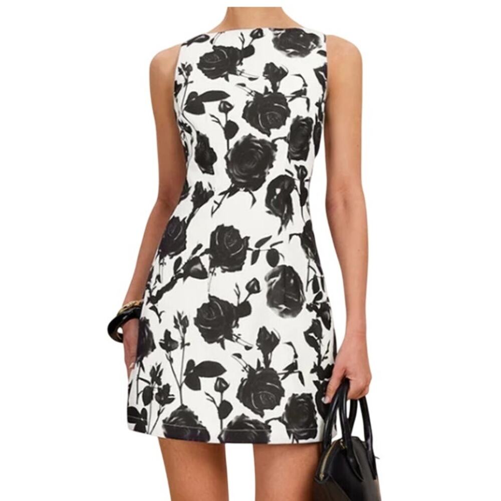 Commense Black Rose Print Mini Dress M NWT Open Back Floral Dress - Euro Chic
